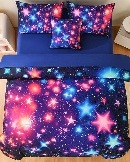DORCAS Star Twin Size Comforter Sets with Sheets for Girls Kids,6 Piece Starry Sky Girls Bedding Sets Twin,All Season Down Bed in a Bag(Colorful,Twin) - LeafyLoom