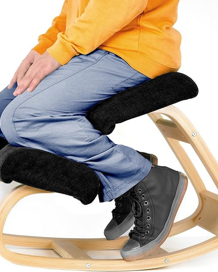 Ergonomic Kneeling Office Chair - Rocking Home & Work Wooden Computer Desk Chairs, Back & Neck Spine Pain, Better Posture, Ergo Knee Support Stool, Cross Legged Sitting (Black) - LeafyLoom