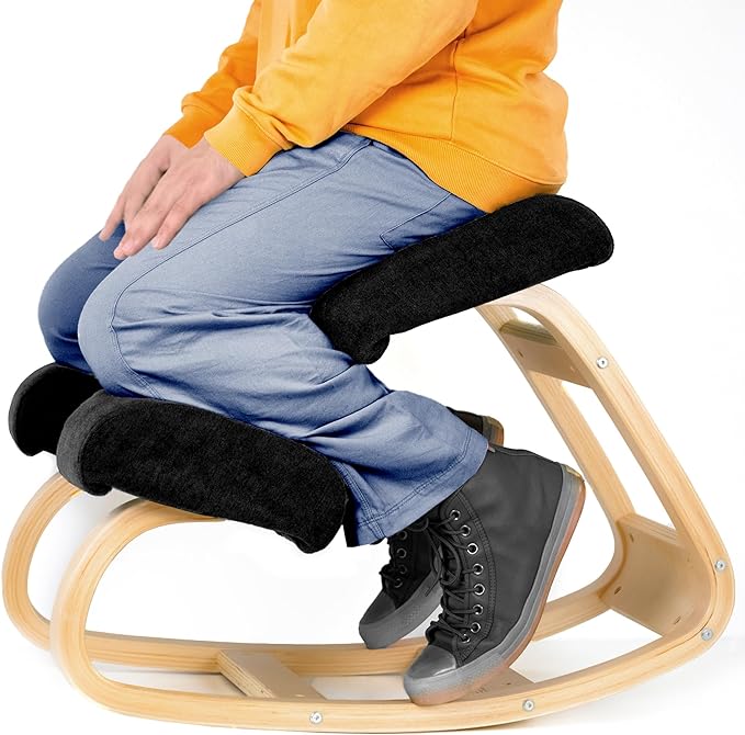 Ergonomic Kneeling Office Chair - Rocking Home & Work Wooden Computer Desk Chairs, Back & Neck Spine Pain, Better Posture, Ergo Knee Support Stool, Cross Legged Sitting (Black) - LeafyLoom