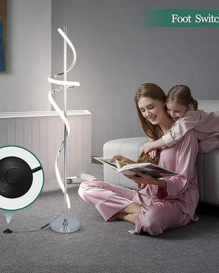 LED Modern Floor Lamp for Living Room,60" Spiral Floor Lamps with Remote Control,48W 3 Colors Stepless Dimmable Floor Standing Lamp Reading Corner Floor Tall Lamp for Bedroom Office - Chrome - LeafyLoom