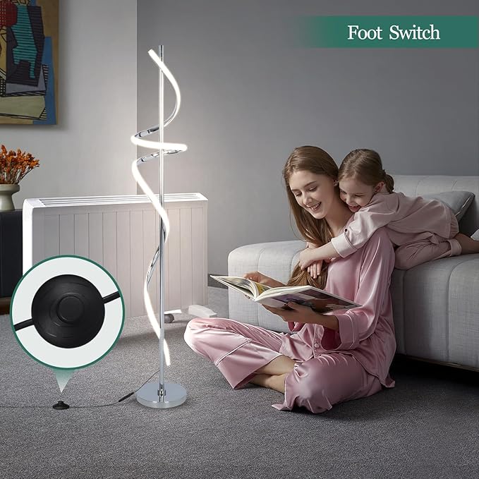 LED Modern Floor Lamp for Living Room,60" Spiral Floor Lamps with Remote Control,48W 3 Colors Stepless Dimmable Floor Standing Lamp Reading Corner Floor Tall Lamp for Bedroom Office - Chrome - LeafyLoom