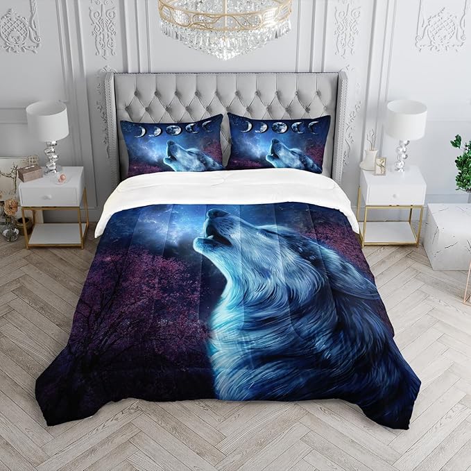Wolf Comforter Set Galaxy Night Moon Bedding Set 3Pcs Howling Wolf Down Lunar Eclipse Bed Set for Kids Teens Room Decor Wild Animals Comforter with 2 Pillowcases - LeafyLoom