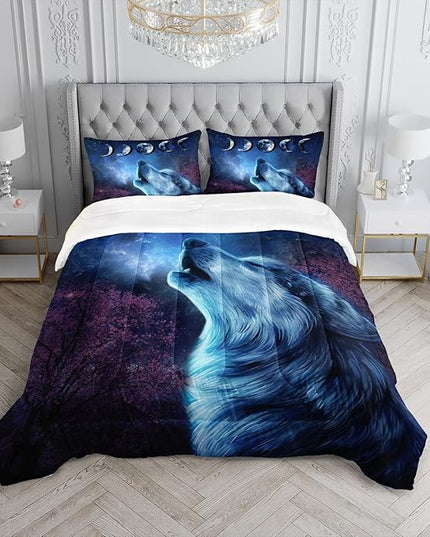 Wolf Comforter Set Galaxy Night Moon Bedding Set 3Pcs Howling Wolf Down Lunar Eclipse Bed Set for Kids Teens Room Decor Wild Animals Comforter with 2 Pillowcases - LeafyLoom