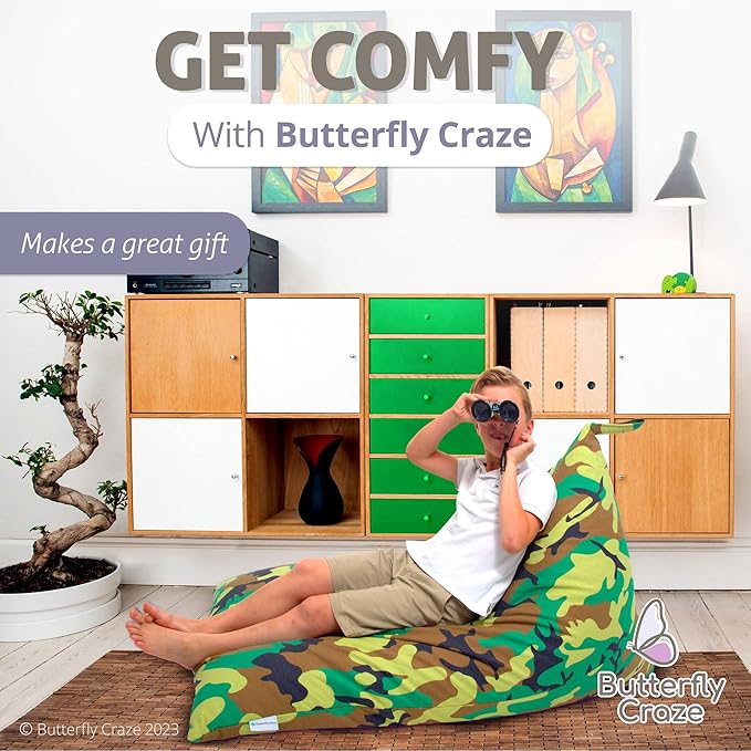 Butterfly Craze Bean Bag Chair Cover, Functional Toddler Toy Organizer, Fill with Stuffed Animals to Create a Jumbo, Comfy Floor Lounger for Boys or Girls, Stuffing Not Included, Camo - LeafyLoom