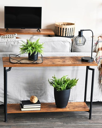 Household Essentials Crown Console Sofa Table with Storage Shelf Rustic Hickory Wood Grain and Black Metal - LeafyLoom