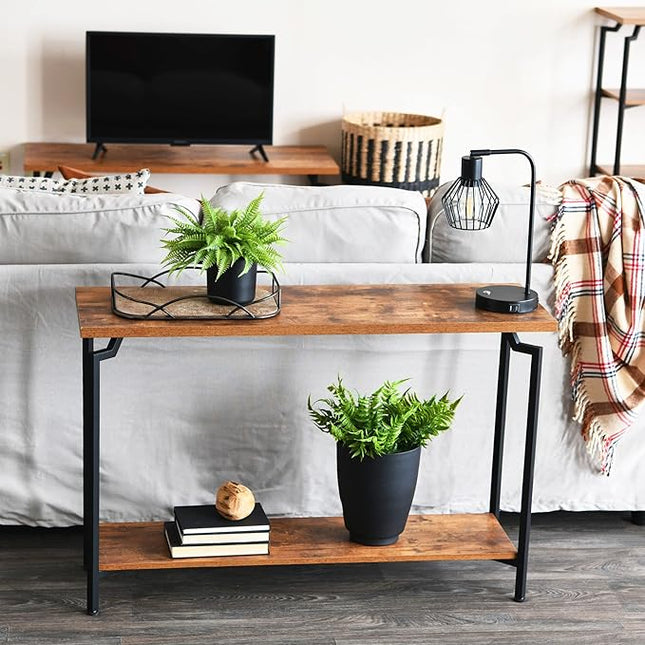 Household Essentials Crown Console Sofa Table with Storage Shelf Rustic Hickory Wood Grain and Black Metal - LeafyLoom