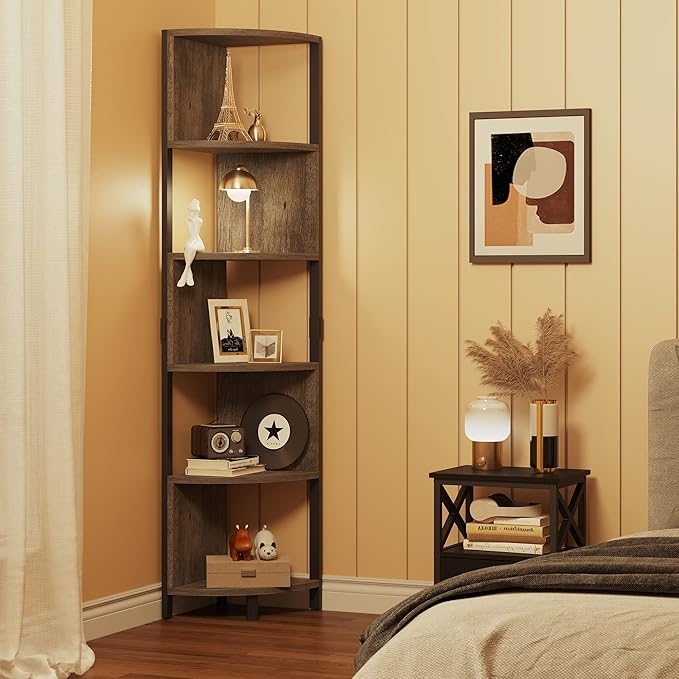YITAHOME 6-Tier Corner Shelf, 68.8" Tall Industrial Free Standing Corner Bookshelf, 6 Shelf Display Corner Bookcase Open Small Book Shelves for Bedroom, Living Room, Small Space, Charcoal Gray + Black - LeafyLoom
