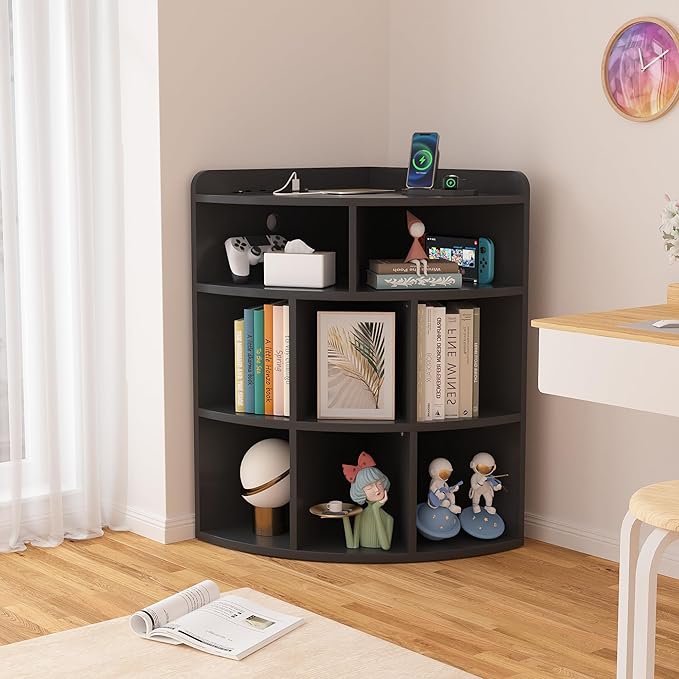 Vecelo Corner Cabinet with Charging Station, 3-Tier Cube Storage Organizer with USB Ports and Outlets, Triangle Bookcases with 8 Cubbies for Playroom, Bedroom, Living Room, Black - LeafyLoom