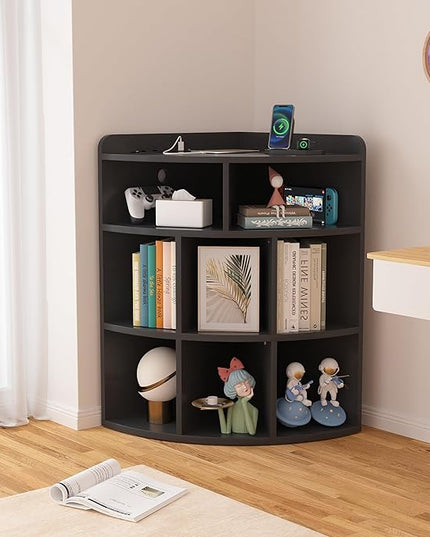 Vecelo 3-Tier Corner Cabinet with USB Outlet, 8 Cubbies Wooden Cube Storage Organizer, Corner Bookshelf Units for Playroom, Bedroom, Living Room, Black - LeafyLoom