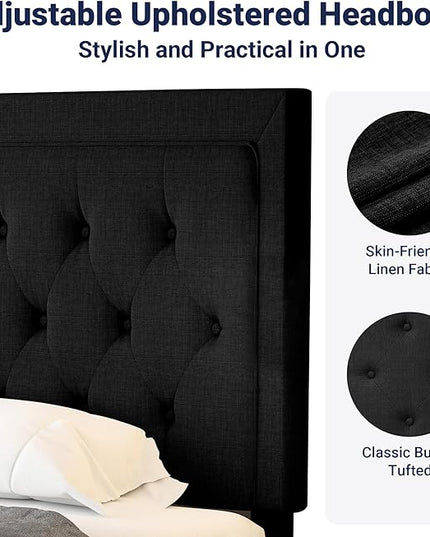 Allewie Queen Size Bed Frame Upholstered Platform Bed with Adjustable Headboard, Button Tufted, Wood Slat Support, Easy Assembly, Black - LeafyLoom
