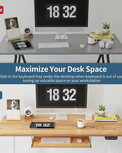 BANTI 40" x 24" Height Adjustable Electric Standing Desk with Keyboard Tray, Sit Stand up Desk with Splice Board, White Frame/Light Rustic Brown Top - LeafyLoom