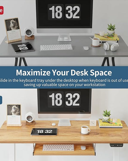 BANTI 63" x 24" Height Adjustable Electric Standing Desk with Keyboard Tray, Sit Stand up Desk with Splice Board, White Frame/Light Rustic Brown Top - LeafyLoom