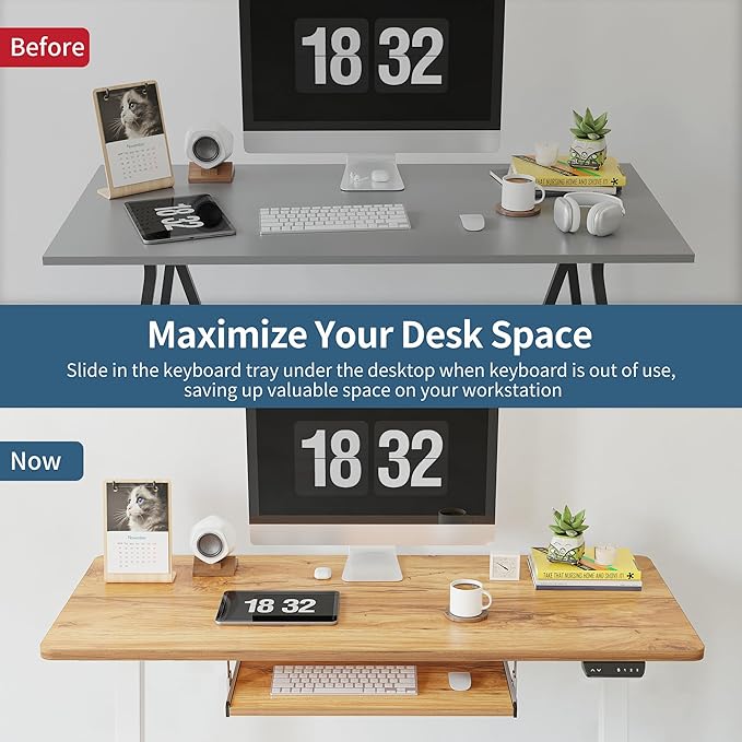 BANTI 63" x 24" Height Adjustable Electric Standing Desk with Keyboard Tray, Sit Stand up Desk with Splice Board, White Frame/Light Rustic Brown Top - LeafyLoom