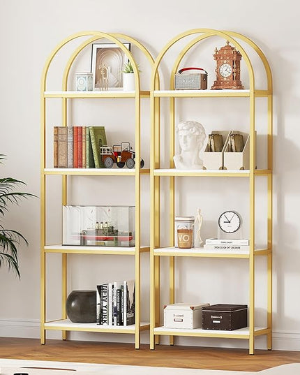 Yusong Bookshelf 4 Tier Arched Bookcase, 71.3" Tall Industrial Open Book Shelves for Living Room, Modern Freestanding Display Shelving Storage Rack Metal Frame, Office, Bedroom,Gold White - LeafyLoom
