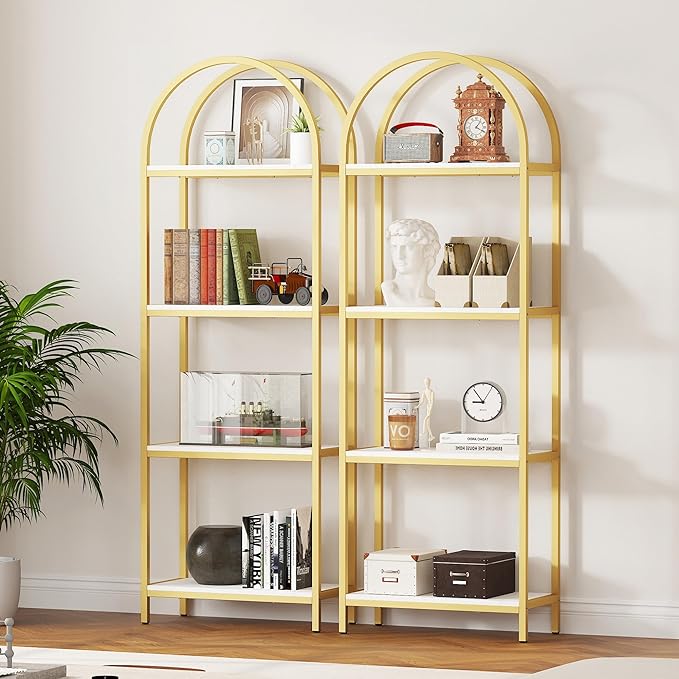 Yusong Bookshelf 4 Tier Arched Bookcase, 71.3" Tall Industrial Open Book Shelves for Living Room, Modern Freestanding Display Shelving Storage Rack Metal Frame, Office, Bedroom,Gold White - LeafyLoom