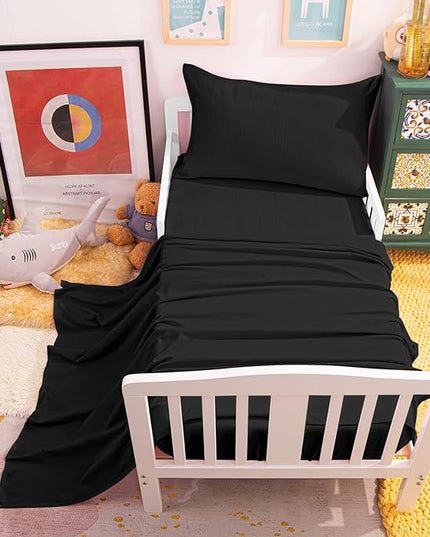 NTBAY Toddler Bedding Set - 4 Piece Soft and Breathable Crib Bedding Set for Boys and Girls, Includes Quilted Comforter, Fitted Sheet, Flat Top Sheet and Envelope Pillowcase, Black - LeafyLoom