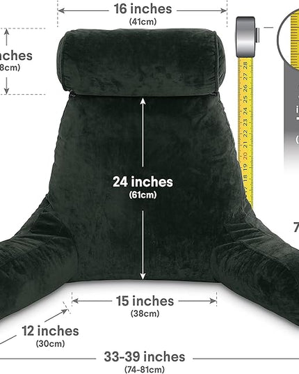 Husband Pillow XXL Dark Green Backrest with Arms - Adult Reading Pillow Shredded Memory Foam, Ultra-Comfy Removable Microplush Cover & Detachable Neck Roll, Unmatched Support Bed Rest Sit Up Pillow - LeafyLoom