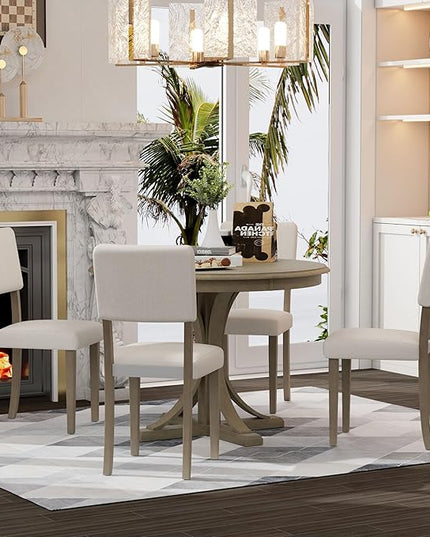 RITSU, Farmhouse Wood, 5-Piece Retro Round Set with Curved Trestle Style Table Legs and 4 Upholstered Chairs for Dining Room Restaurant, Taupe - LeafyLoom