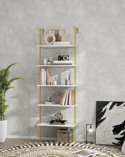 Panana Industrial 5 Tier Ladder Shelf, Open Space Book Shelf Wall Mount Bookshelf with Metal Frame Sturdy Bookcase for Living Room (White, 5 Tier) - LeafyLoom