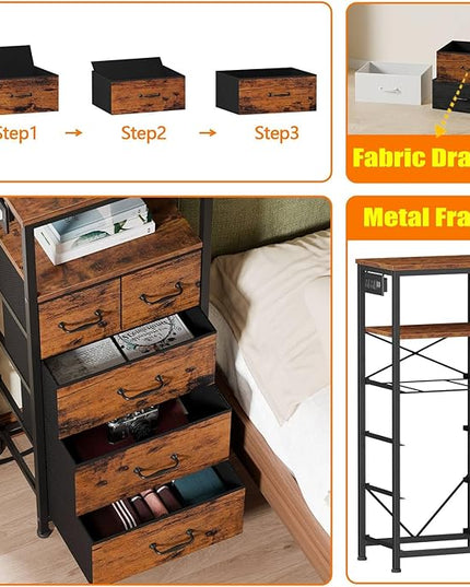 Furnulem Tall LED Dresser with Charging Station, Vertical Storage Tower Unit with Wood Shelf, 5 Drawer Nightstand for Bedroom, Living Room, Hallway, Fabric Bins, Bedside Table Furniture(Rustic Brown) - LeafyLoom