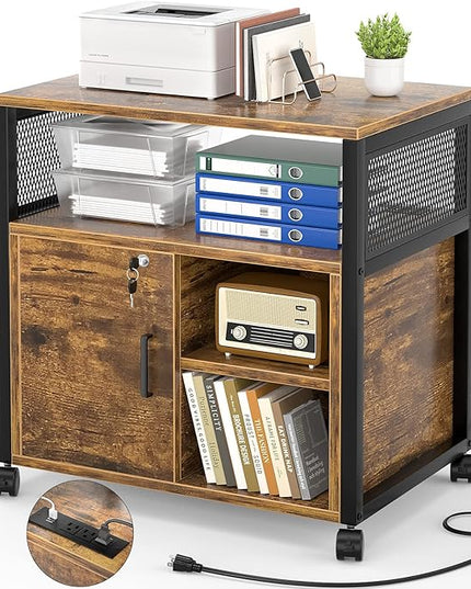 Unikito Lateral File Cabinet, Locking Office Filing Cabinets with Socket and USB Charging Port, Modern Rolling Printer Stand with Storage for A4, Letter Size and File Folders, Rustic Brown - LeafyLoom