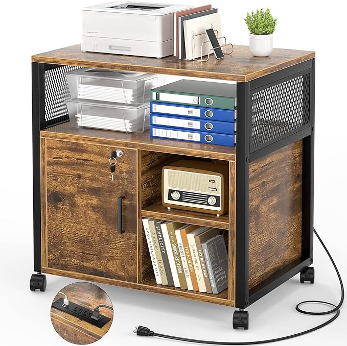 Unikito Lateral File Cabinet, Locking Office Filing Cabinets with Socket and USB Charging Port, Modern Rolling Printer Stand with Storage for A4, Letter Size and File Folders, Rustic Brown - LeafyLoom
