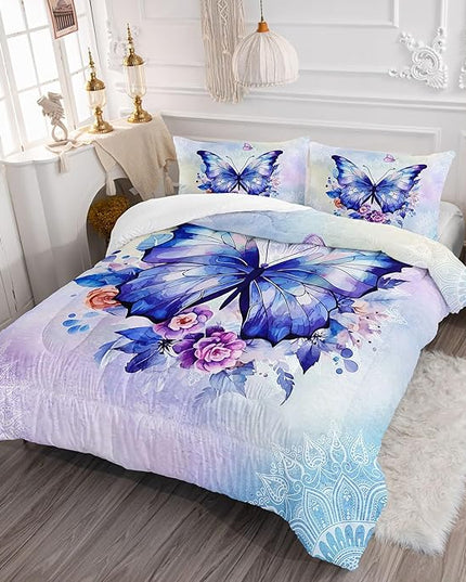 Datura home Kids Comforter Set Butterfly Printed Pattern Bedding Set with 1 Comforter and 2 Pillowcases for Girls Boys Bedroom All Season(Butterfly3 Full) - LeafyLoom