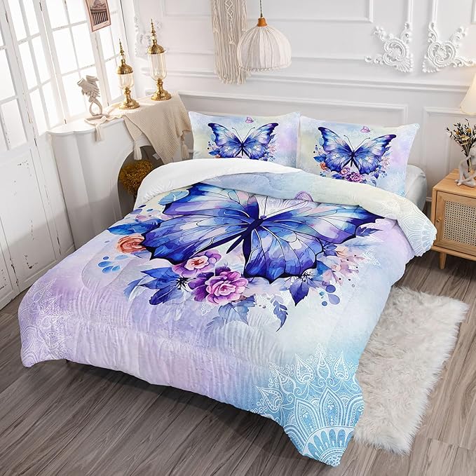 Datura home Kids Comforter Set Butterfly Printed Pattern Bedding Set with 1 Comforter and 2 Pillowcases for Girls Boys Bedroom All Season(Butterfly3 Queen) - LeafyLoom
