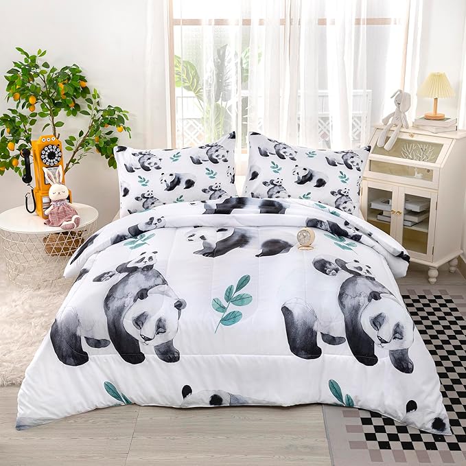 CVHOUSE Panda Bedding Set,Panda Comforter King,Cute Panda Comforter Set for Girls Kids Teens,Kawaii Panda Quilt Set with 1 Comforter and 2 Pillow Cases- 3 Piece - LeafyLoom