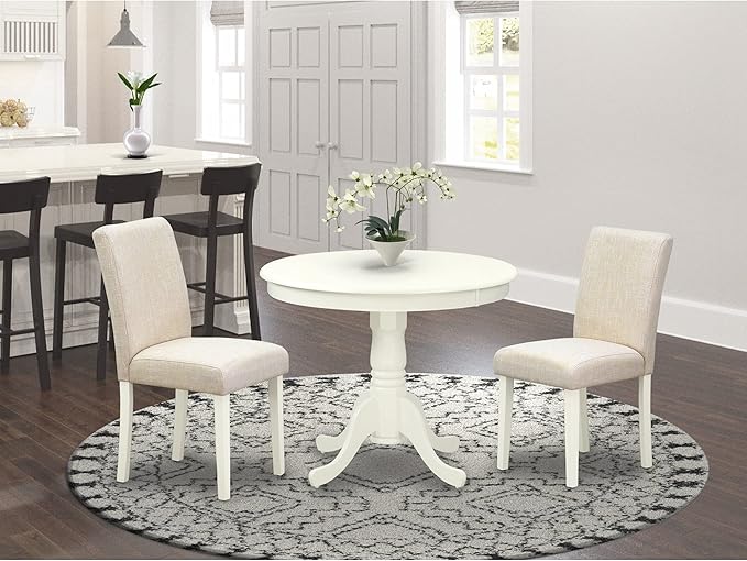 East West Furniture ANAB3-LWH-02 Antique 3 Piece Dinette Set for Small Spaces Contains a Round Kitchen Table with Pedestal and 2 Light Beige Linen Fabric Parson Chairs, 36x36 Inch - LeafyLoom
