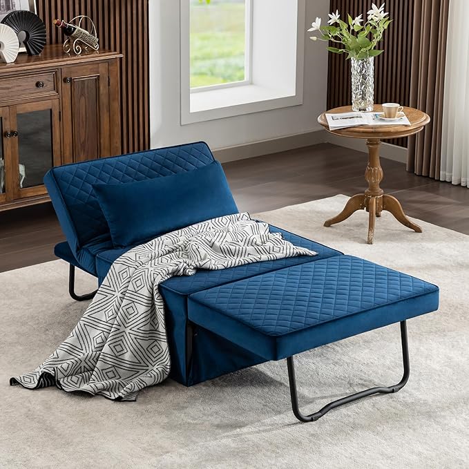 Sofa Bed, 4 in 1 Multi-Function Folding Ottoman Breathable Velvet Couch Bed with Adjustable Backrest Modern Convertible Chair for Living Room Apartment Office,Squared-Blue - LeafyLoom