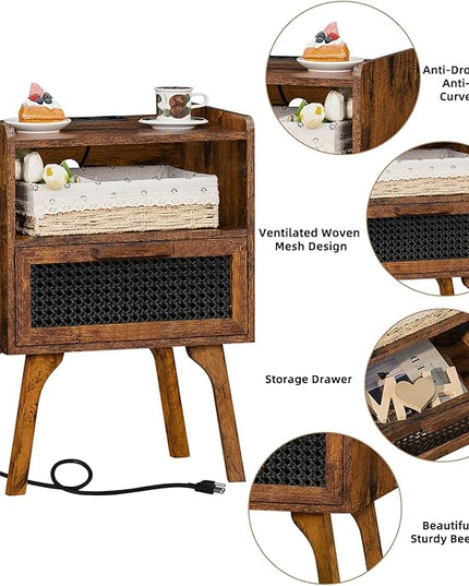 Lerliuo Rattan Nightstands Set of 2 with Charging Station, Boho Side Table with Drawer Open Shelf, Cane Accent Bedside End Table with Solid Wood Legs for Bedroom, Dorm and Small Spaces (Brown) - LeafyLoom