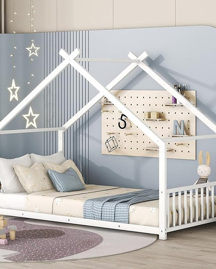 RITSU Twin Size Montessori Floor House Bed, Bedframe with Metal Slat & with Headboard and Footboard, Sturdy Construction, for Children's Room, Girls, Boys, White - LeafyLoom