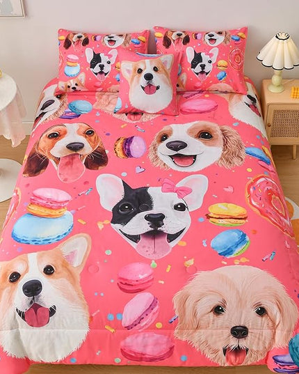 DORCAS Pink Twin Comforter Set for Girls Cute Dog Bedding Sets Twin Girls 6 Pieces Animal Twin Bed-in-A-Bag with Comforter,Sheets,Pillowcases for Kids - LeafyLoom