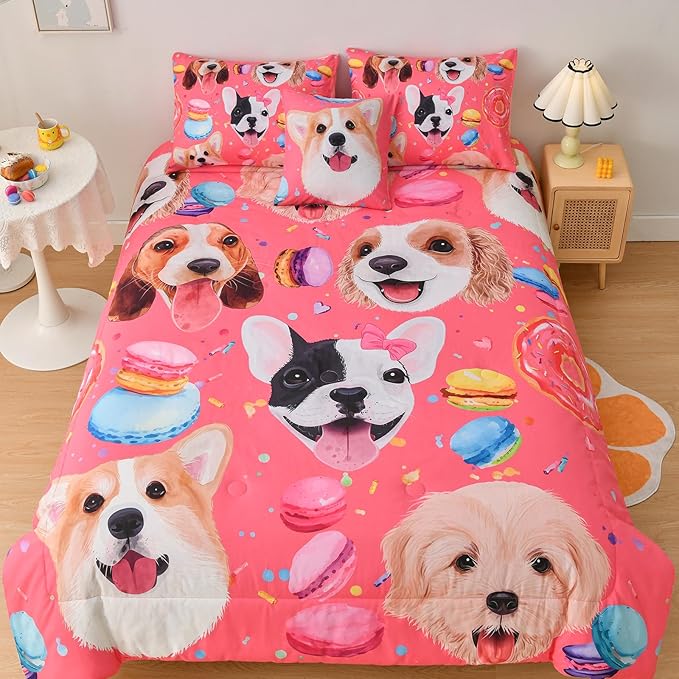 DORCAS Pink Twin Comforter Set for Girls Cute Dog Bedding Sets Twin Girls 6 Pieces Animal Twin Bed-in-A-Bag with Comforter,Sheets,Pillowcases for Kids - LeafyLoom