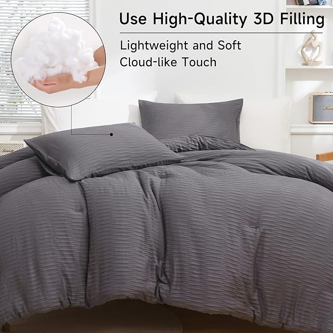 Dark Gray Seersucker Comforter Set Queen Size (90x90 in), 3 Pieces Soft Crinkled Textured Comforter with 2 Pillowcases, Lightweight Microfiber Down Alternative Bedding Set for All Season - LeafyLoom
