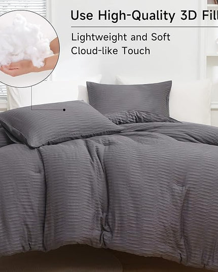 Dark Gray Seersucker Comforter Set King Size (104x90 in), 3 Pieces Soft Crinkled Textured Comforter with 2 Pillowcases, Lightweight Microfiber Down Alternative Bedding Set for All Season - LeafyLoom
