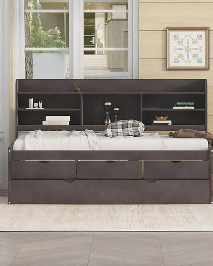 Twin Size Captain Bed with 3 Storage Drawers and Trundle, Wood Twin Bed Frame with Built-in Bookshelves for Kids Teens Adults, Antique Gray - LeafyLoom