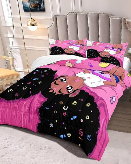 Black Girl Magic Queen Comforter Set - Black African American Girls Queen Bedding Set Princess Queen Comforter Room Decor Black Girl Bedding Sets for Girls Teens, 1 Comforter+2 Pillowcases - LeafyLoom
