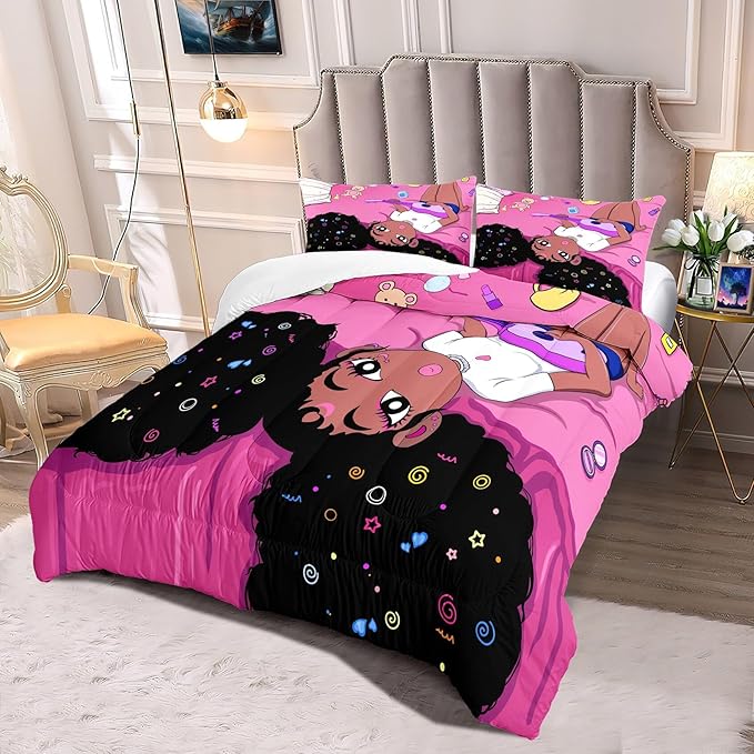 Black Girl Magic Queen Comforter Set - Black African American Girls Queen Bedding Set Princess Queen Comforter Room Decor Black Girl Bedding Sets for Girls Teens, 1 Comforter+2 Pillowcases - LeafyLoom