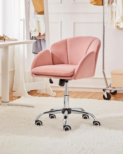 Yaheetech Cute Velvet Desk Chair for Home Office, Makeup Vanity Chair with Armrests for Bedroom Modern Swivel Rolling Chair for Women Pink - LeafyLoom