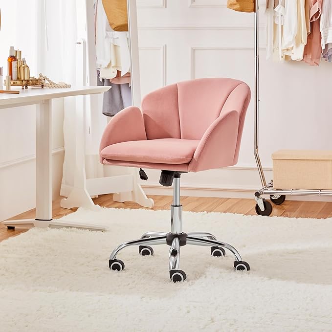 Yaheetech Cute Velvet Desk Chair for Home Office, Makeup Vanity Chair with Armrests for Bedroom Modern Swivel Rolling Chair for Women Pink - LeafyLoom