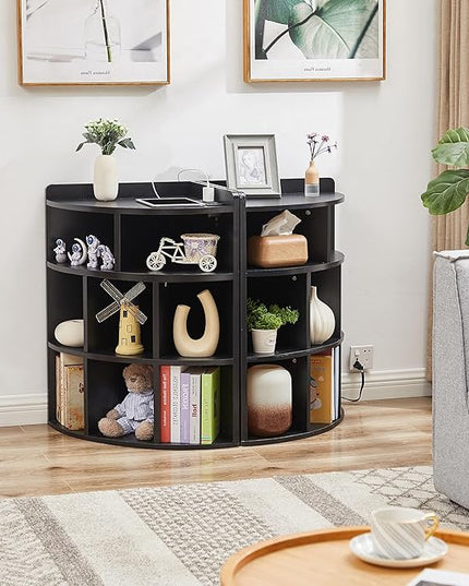 Vecelo 3-Tier Corner Cabinet with USB Outlet, 8 Cubbies Wooden Cube Storage Organizer, Corner Bookshelf Units for Playroom, Bedroom, Living Room, Black - LeafyLoom
