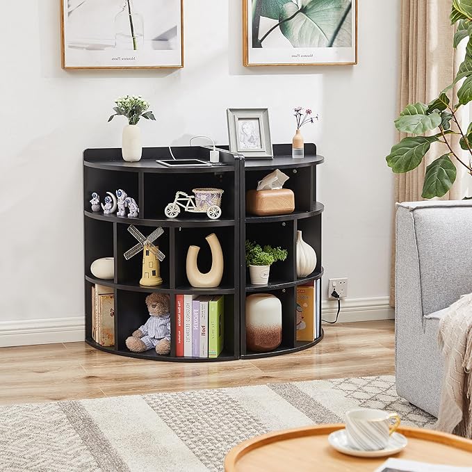 Vecelo 3-Tier Corner Cabinet with USB Outlet, 8 Cubbies Wooden Cube Storage Organizer, Corner Bookshelf Units for Playroom, Bedroom, Living Room, Black - LeafyLoom