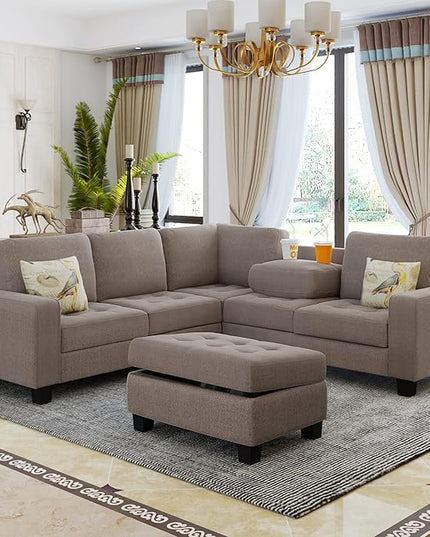 L Shaped Sectional Sofa with Storage Ottoman & Cup Holders Chaise, Comfy Linen Couch, Modular Sofa&Couches for Living Room Large Space Dorm Apartment, Brown CupHolders - LeafyLoom
