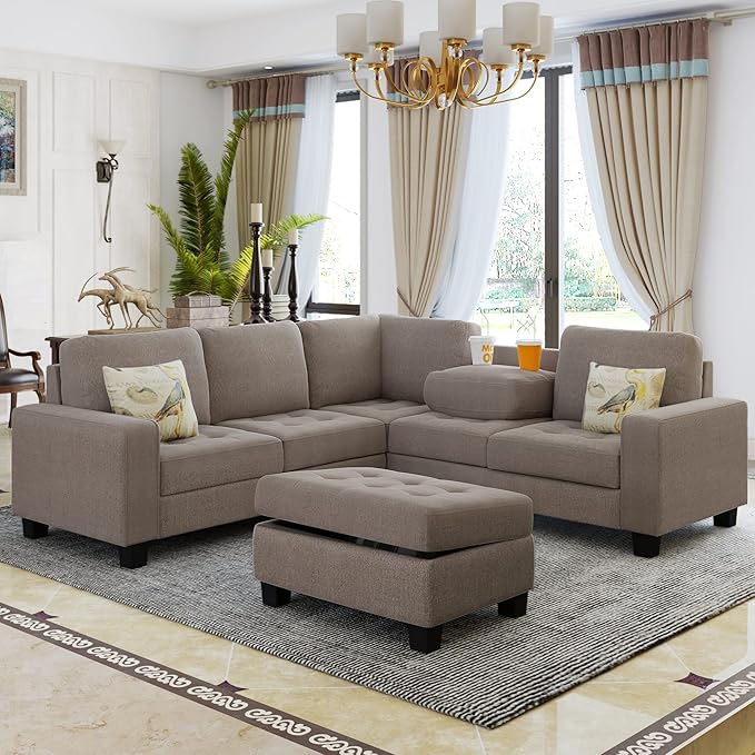 L Shaped Sectional Sofa with Storage Ottoman & Cup Holders Chaise, Comfy Linen Couch, Modular Sofa&Couches for Living Room Large Space Dorm Apartment, Brown CupHolders - LeafyLoom