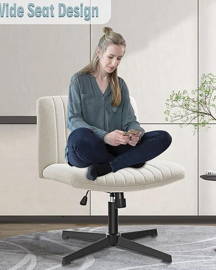 Armless Office Chair no Wheels, Ergonomic Wide Seat Swivel Desk Chair, Height Adjustable Cross Legged Comfortable Computer Chair for Living Room, Vanity Accent Chair Beige - LeafyLoom