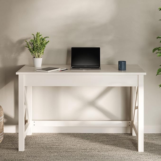 Lavish Home Writing Desk - Work Desk with X-Pattern Legs - for Office, Bedroom, Computer, or Craft Table - Home Office Desks (White) - LeafyLoom