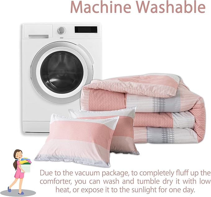 Andency Stripe Comforter Set Queen Size (90x90 Inch), 3 Pieces Pink Patchwork Striped Comforter, Soft Microfiber Down Alternative Comforter Bedding Set with Corner Loops - LeafyLoom