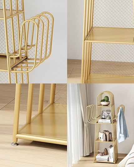 DOORXIF 4-Tier Gold Bookshelf Freestanding, Cactus Bookcase 4 Cube Storage Organizer Closet Corner Metal Display Cabinet, Corner Bookshelf for Small Spaces, Gold Bookcase for Bedroom Office - LeafyLoom